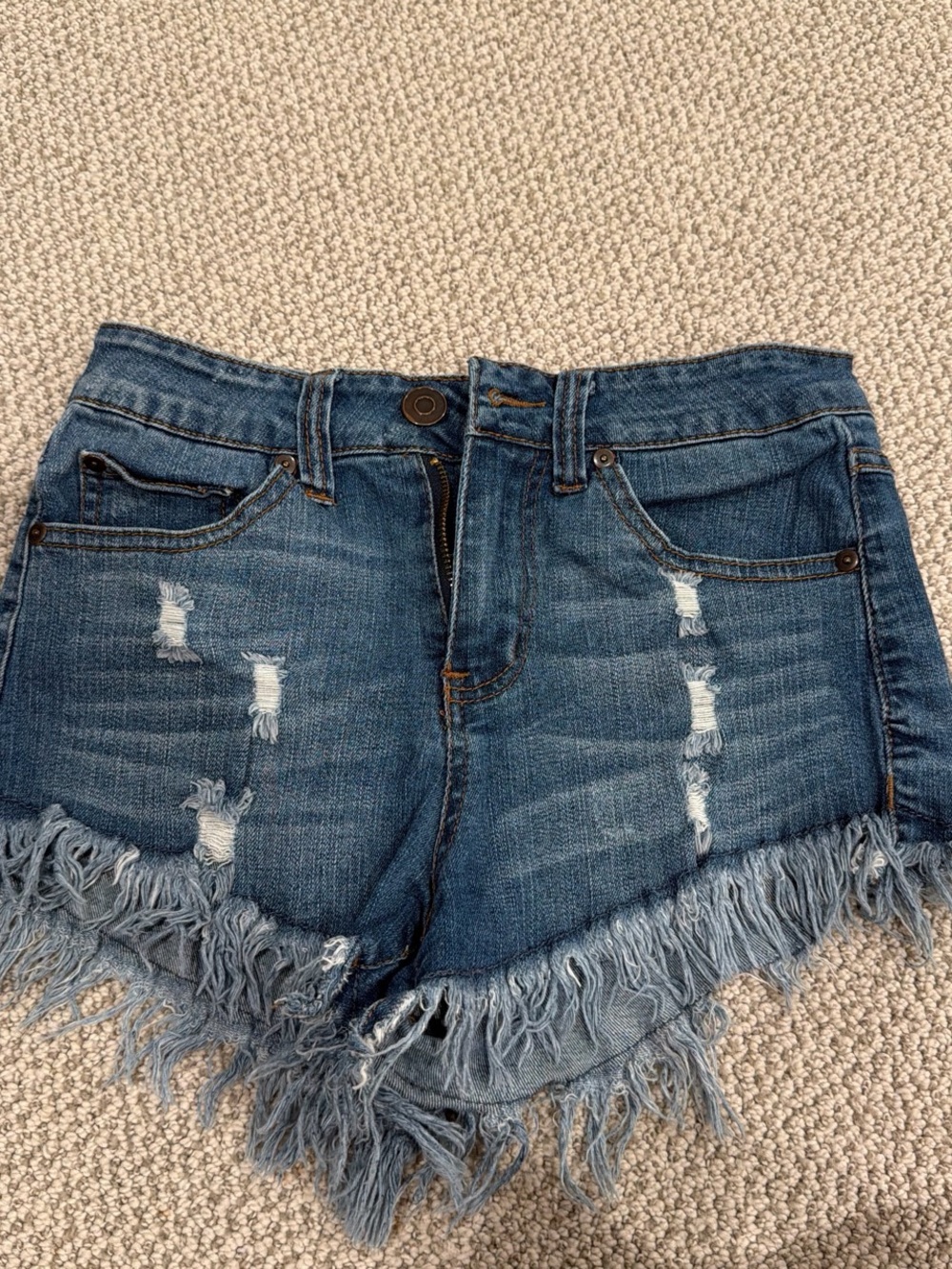 Elan Distressed Frayed Hem Denim Shorts - Blue